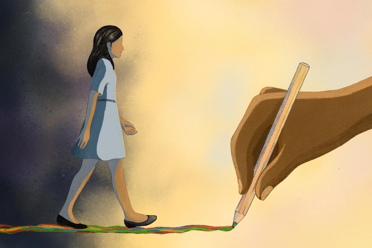 Illustration of a multiracial girl walking on a colorful line being drawn in front of her.