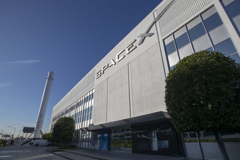 HAWTHORNE, CALIF. -- WEDNESDAY, DECEMBER 19, 2018: A view of the entrance to SpaceX in Hawthorne, Calif., on Dec. 19, 2018. (Allen J. Schaben / Los Angeles Times)