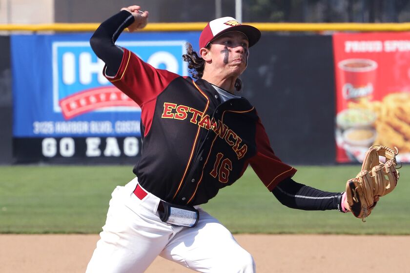 Estancia's pitcher Andrew Mits (16) pitches against Calvary Chapel High School's baseball team in the second game of a doubleheader at Estancia High School in Costa Mesa, on Friday, March 17, 2023. (Photo by James Carbone)