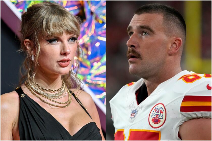 A split image of Taylor Swift posing in gold necklaces and a black dress, and Travis Kelce wearing a football uniform