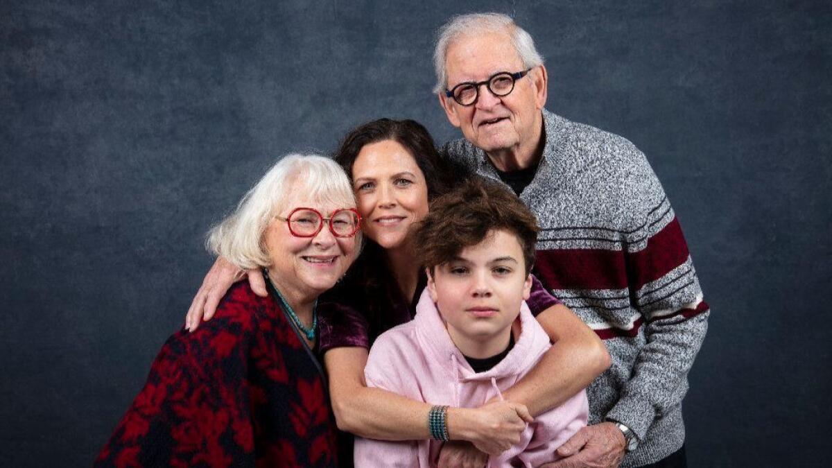 Director Irene Taylor Brodsky, center, with parents Sally and Paul Taylor and son Jonas at the L.A. Times studio at Sundance 2019. Brodsky's family is the subject of "Moonlight Sonata."