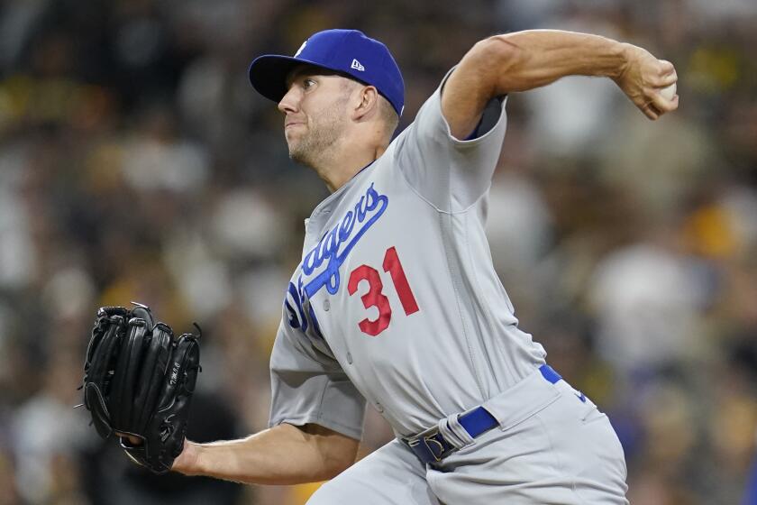 Los Angeles Dodgers starting pitcher Tyler Anderson works against a San Diego Padres batter 