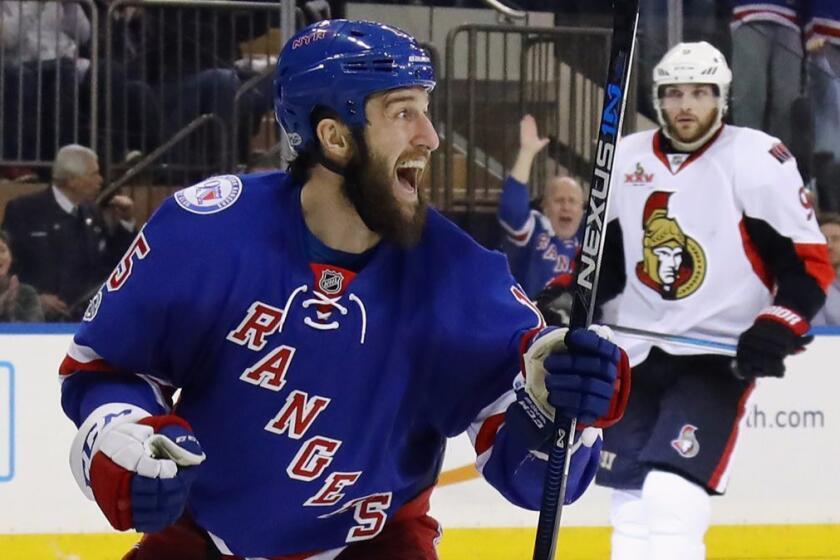 NEW YORK, NY - MAY 04: Tanner Glass #15 of the New York Rangers celebrates a goal by Oscar Lindberg #24 at 15:54 of the second period against the Ottawa Senators in Game Four of the Eastern Conference Second Round during the 2017 NHL Stanley Cup Playoffs at Madison Square Garden on May 4, 2017 in New York City. (Photo by Bruce Bennett/Getty Images) ** OUTS - ELSENT, FPG, CM - OUTS * NM, PH, VA if sourced by CT, LA or MoD **