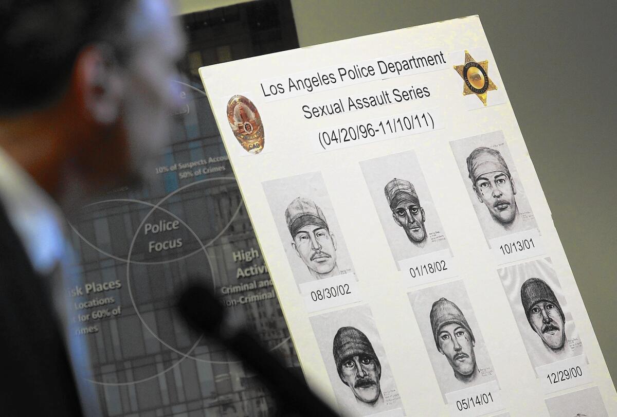 Composite sketches of a serial rape suspect are shown at LAPD headquarters in 2012. He is suspected of attacks going back 19 years.