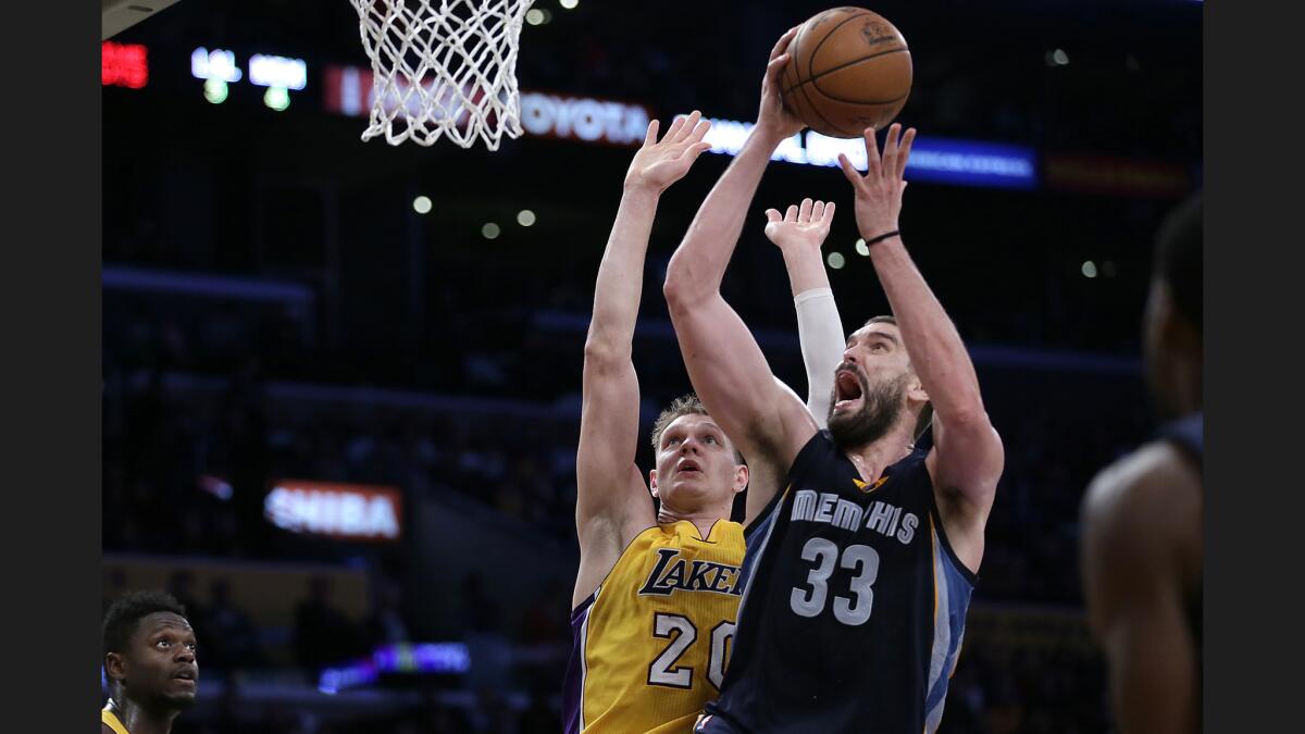Memphis Grizzlies center Marc Gasol gets past Lakers center Timofey Mozgov during second half action on Tuesday.