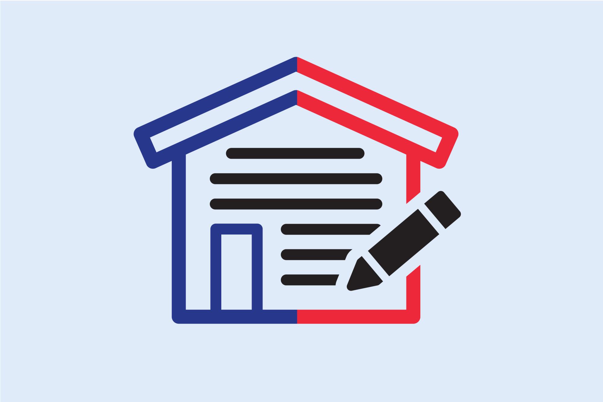 red and blue house with document lines and a pen