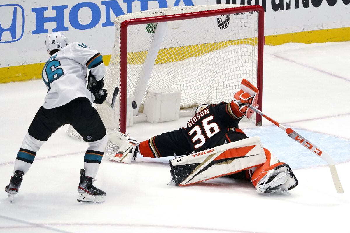 The Sharks' Ryan Donato scores on Ducks goaltender John Gibson during the shootout Feb. 5, 2021, in Anaheim.