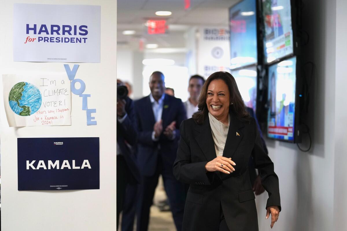 Vice President Kamala Harris arrives at her presidential campaign headquarters in Wilmington, Del., on Monday.
