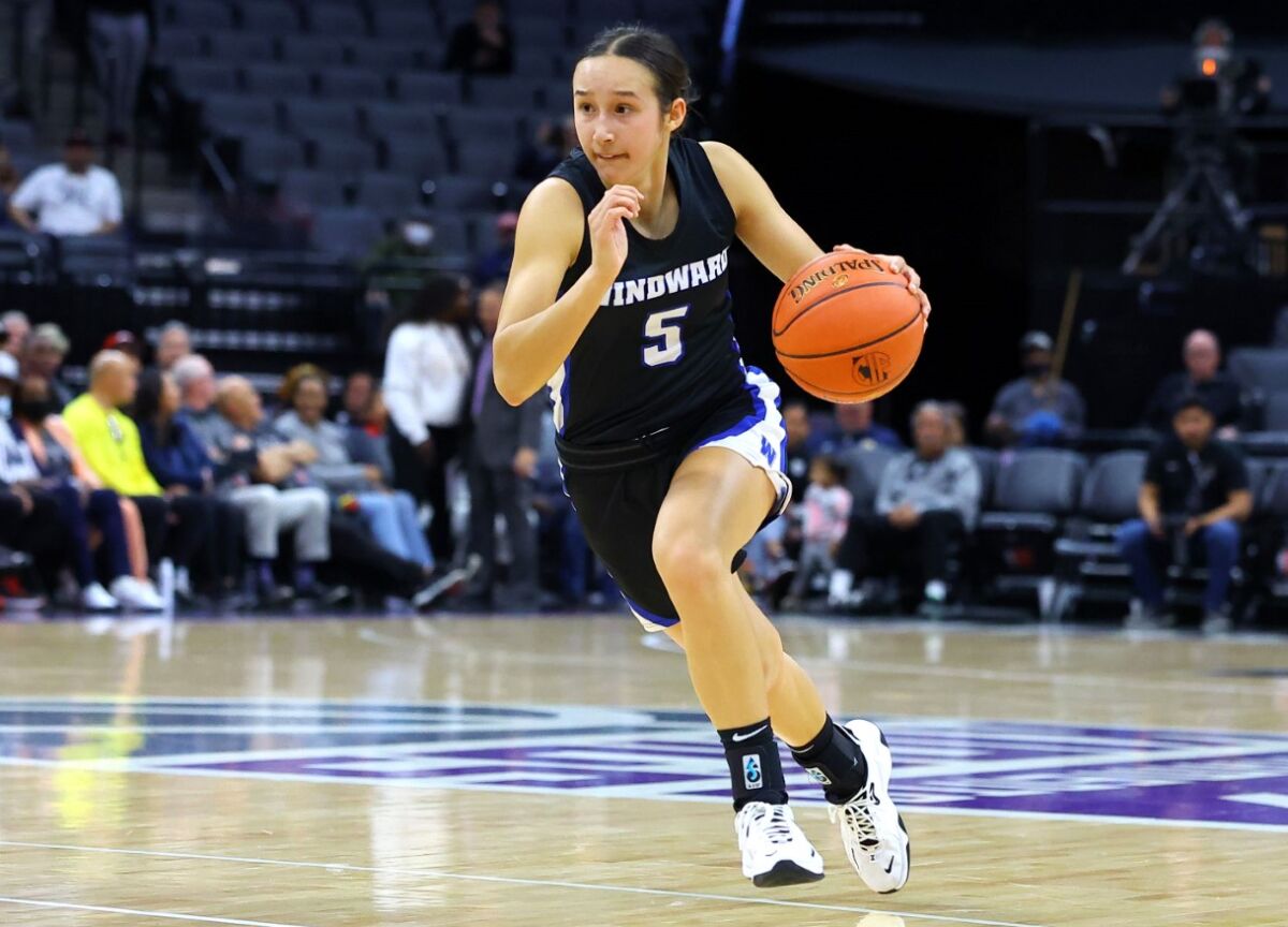 Skye Belker of Windward dribbles in the CIF state Division I girls' final on Friday night at Golden 1 Center.