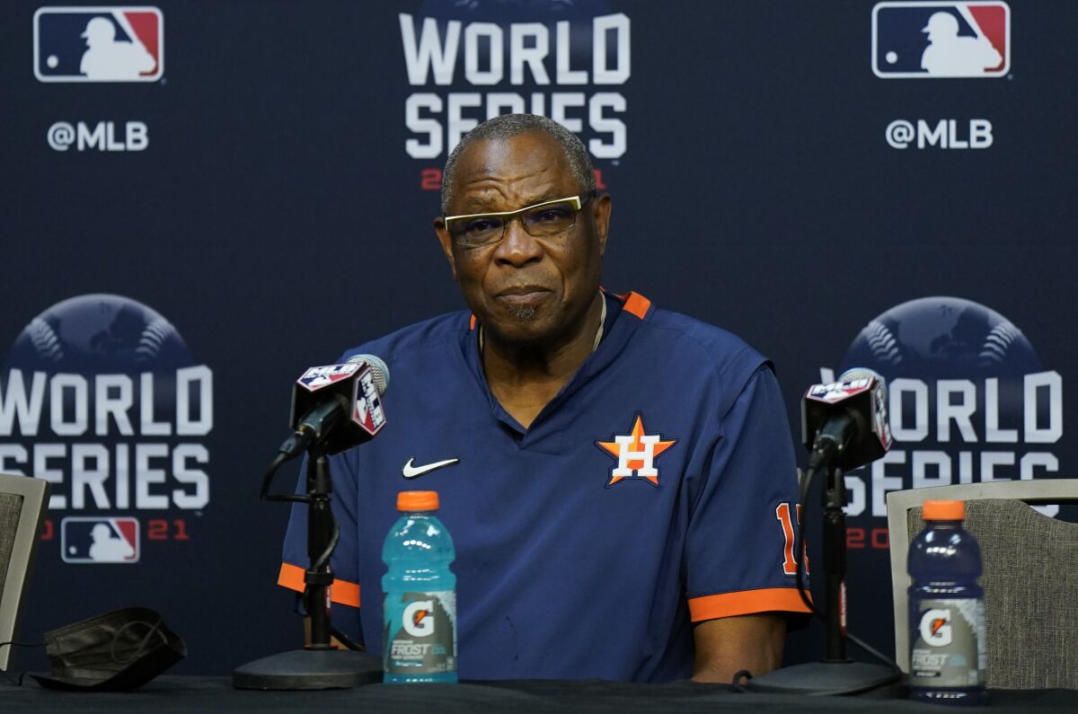 Houston Astros manager Dusty Baker listens to a question during a news conference Monday.