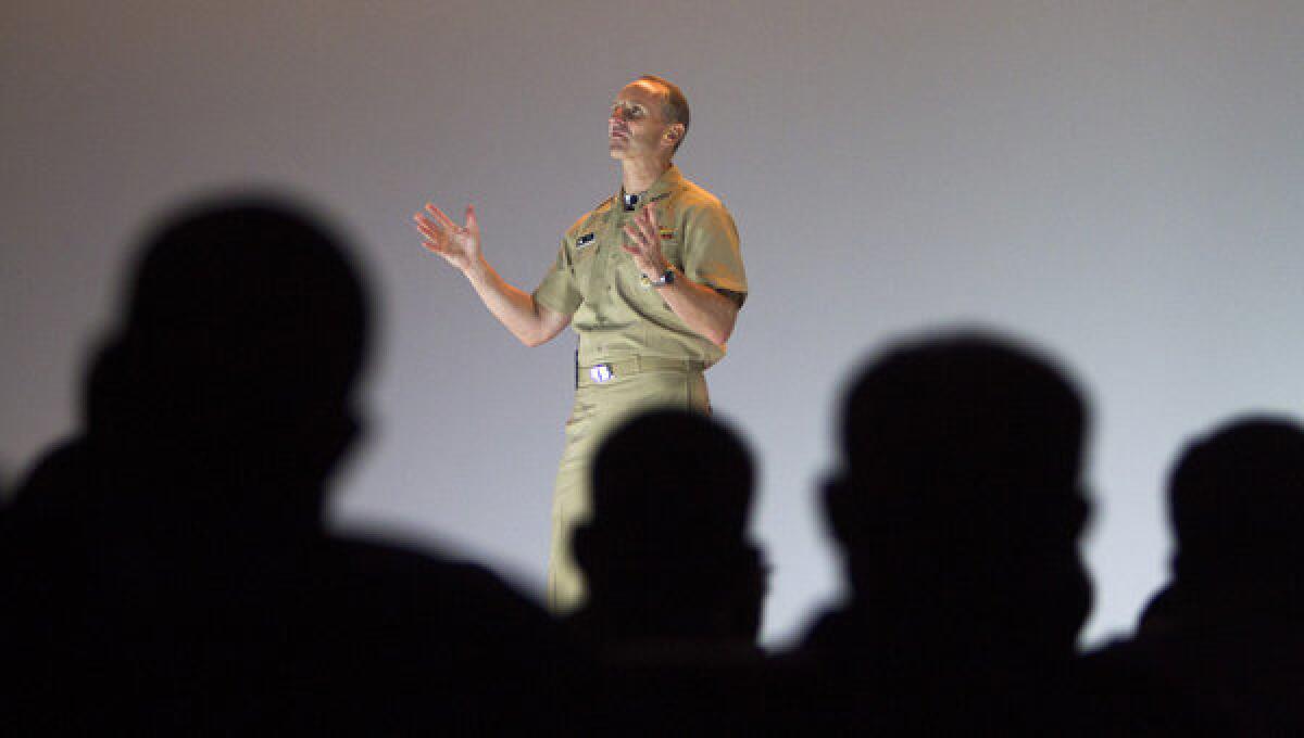 Chief of naval operations, Adm. Jonathan Greenert, addresses naval personnel at Naval Air Station North Island in San Diego.