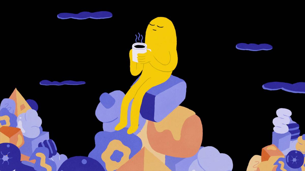 An illustration of a figure sitting with its eyes closed with a steaming cup of tea