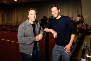 Spencer Rascoff, left, and Mark Kantor at a pickleball event in the Los Angeles area. Photographer: Roger Kisby/Bloomberg
