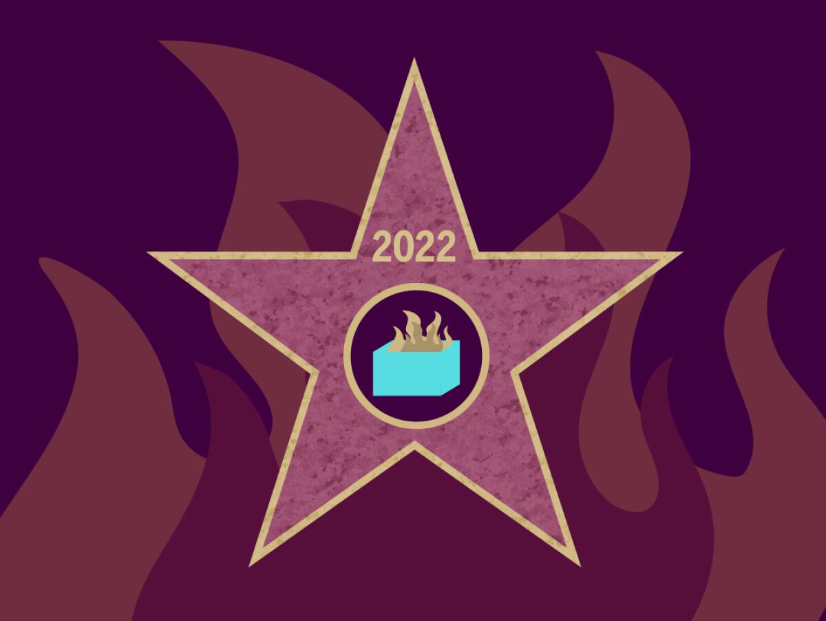illustration of a walk-of-fame star for 2022 with a dumpster fire icon on it