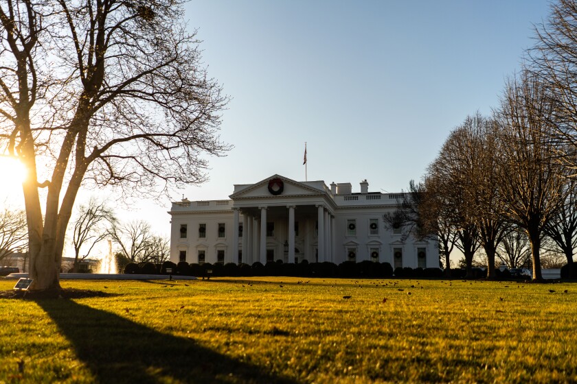 WASHINGTON, DC - DECEMBER 23: The White House, photographed on Thursday, Dec. 23, 2021 in Washington, DC. (Kent Nishimura / Los Angeles Times)
