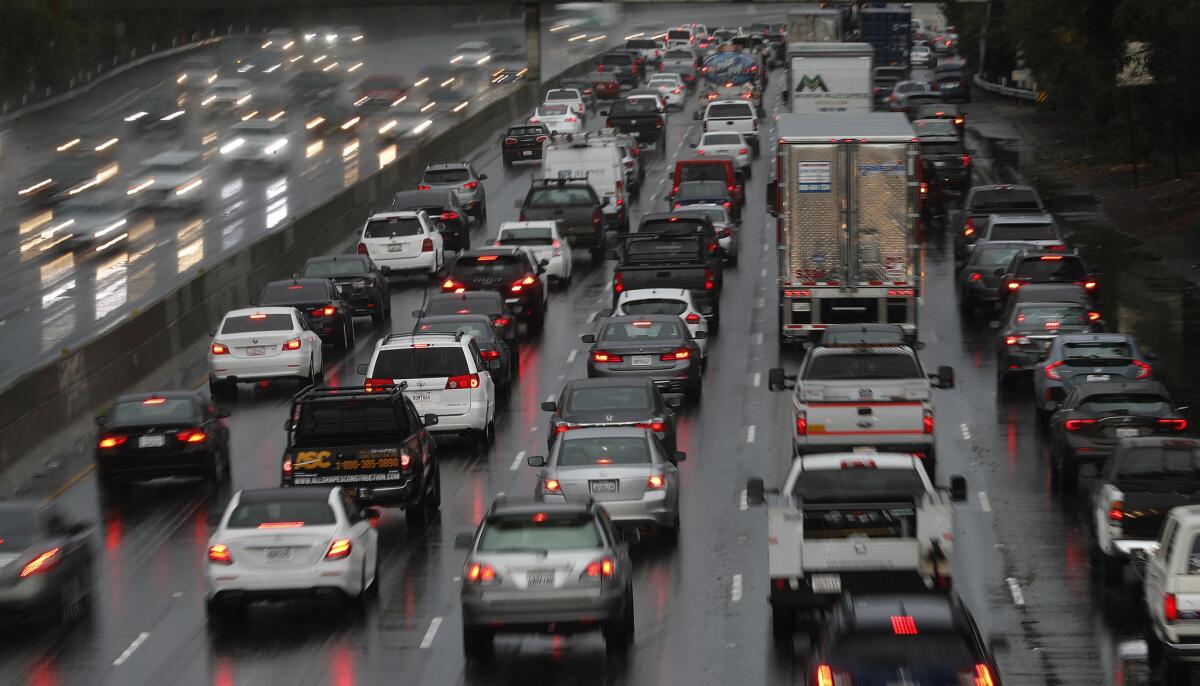 Vehicles drive the 101 Freeway in Encino in December.