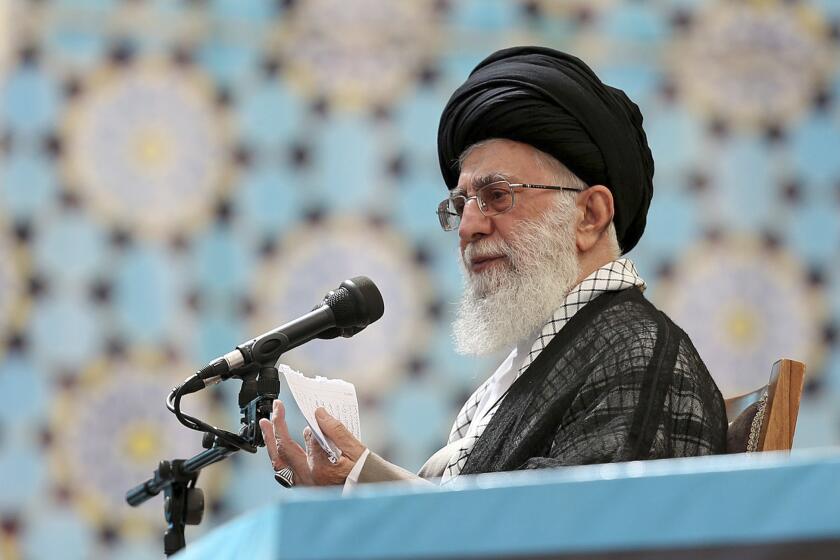 In this picture released by the official website of the office of the Iranian supreme leader, Supreme Leader Ayatollah Ali Khamenei speaks at a ceremony marking the 25th anniversary of the death of the late Ayatollah Khomeini at his shrine just outside Tehran on Wednesday.