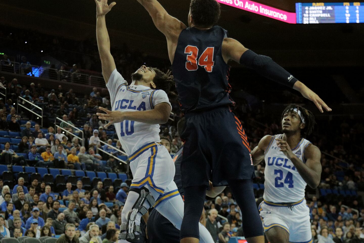 Fullerton forward Jackson Rowe (34) blocks a shot by UCLA guard Tyger Campbell during the second half.