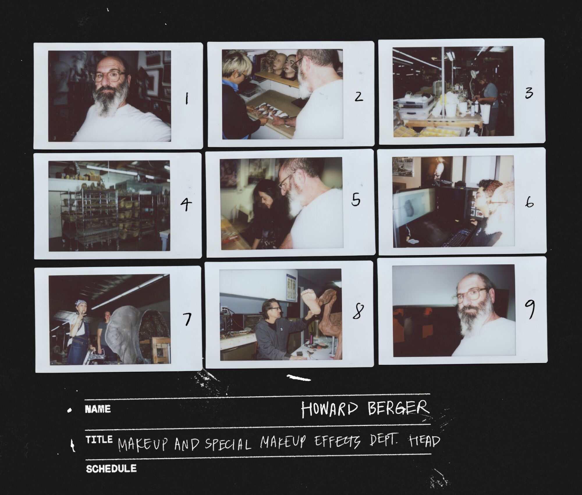 A grid of polaroids from Howard Berger, Makeup and Special Makeup Effects Department Head