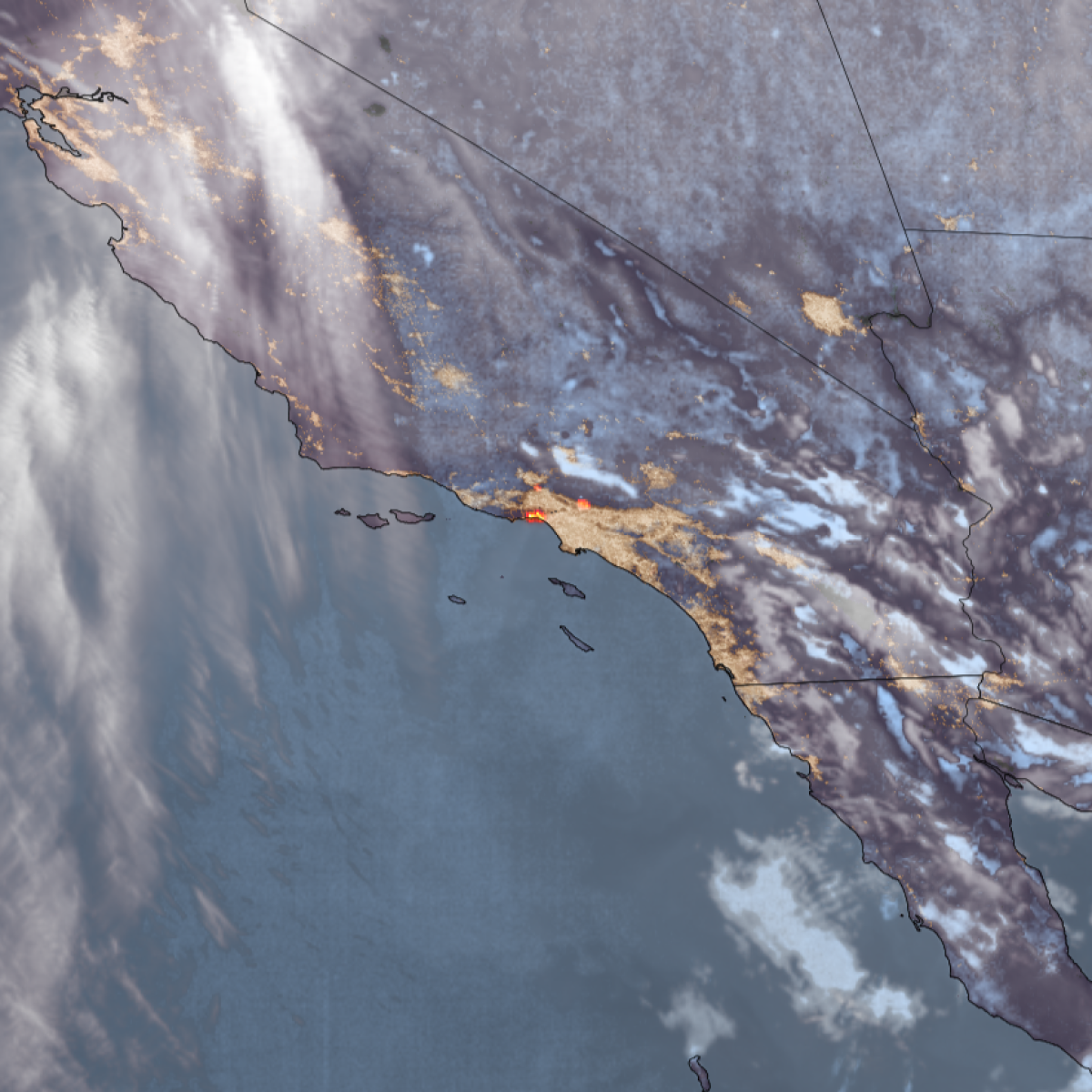 Three fires (Palisades, Eaton and Hurst) are seen from space at 11 p.m. on Jan. 7, 2025