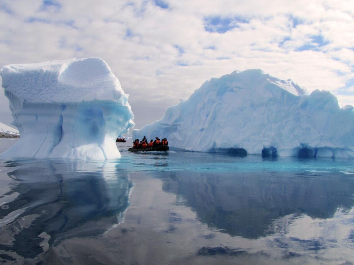 Tourists on a boat on the Antarctic Peninsula.