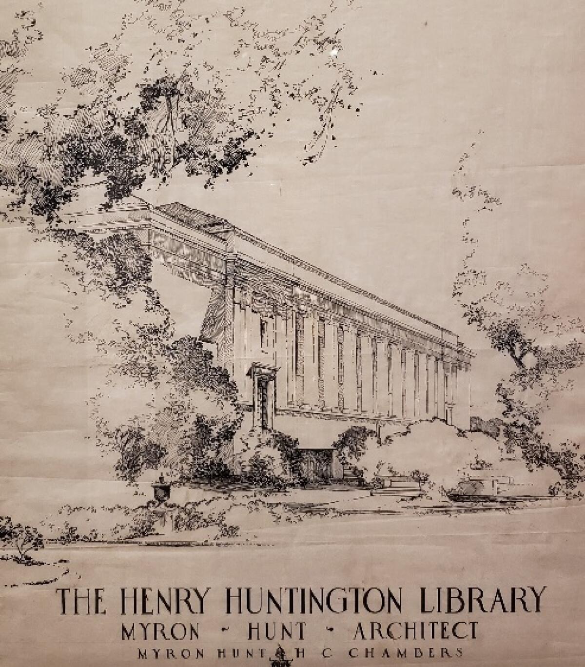 "The Henry Huntington Library (detail)," circa 1919, ink on linen, by Myron Hunt (1868-1952).