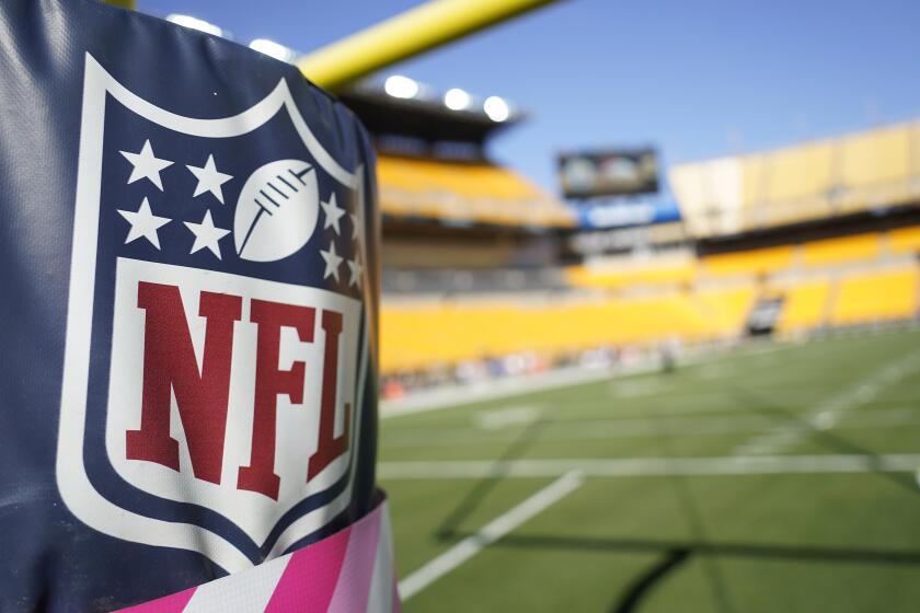 This is the NFL logo on the goalpost padding at Heinz Field before an NFL football game between the Pittsburgh Steelers and the Denver Broncos, Sunday, Sept. 19, 2020, in Pittsburgh. (AP Photo/Keith Srakocic)