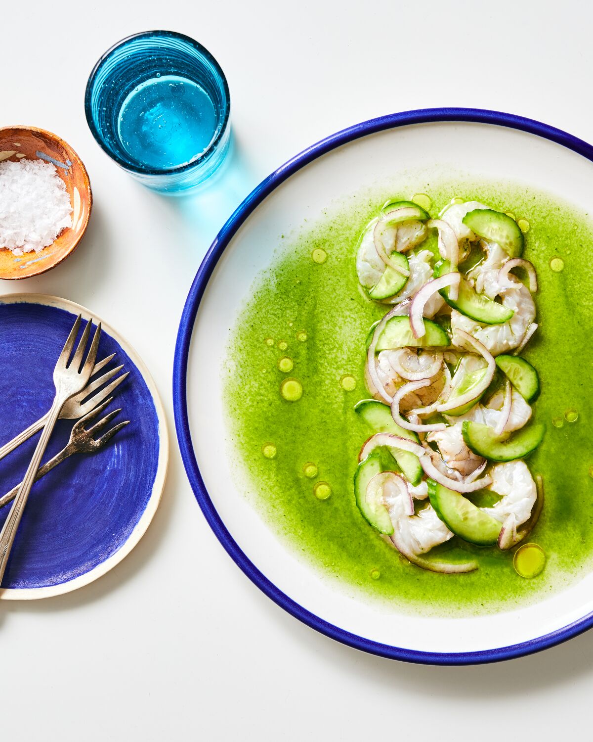 Shrimp aguachile with cucumbers and pickled onions