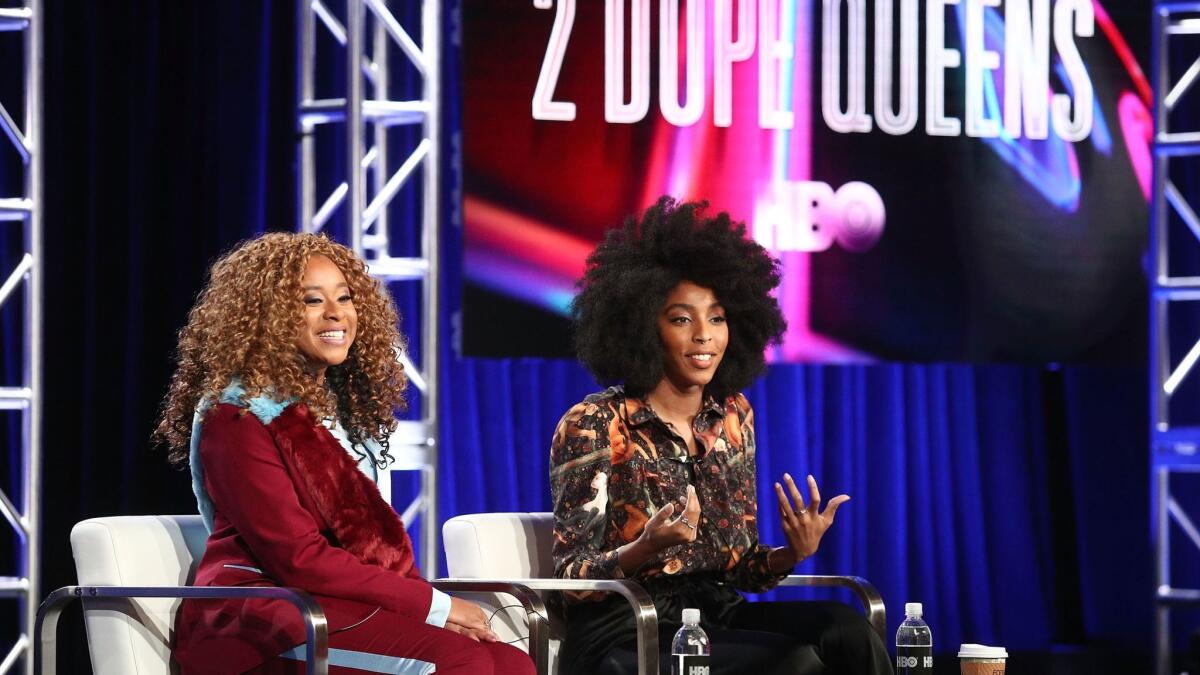 Phoebe Robinson, left and Jessica Williams of "2 Dope Queens" onstage during the HBO portion of the Television Critics Assn. press tour in Pasadena.