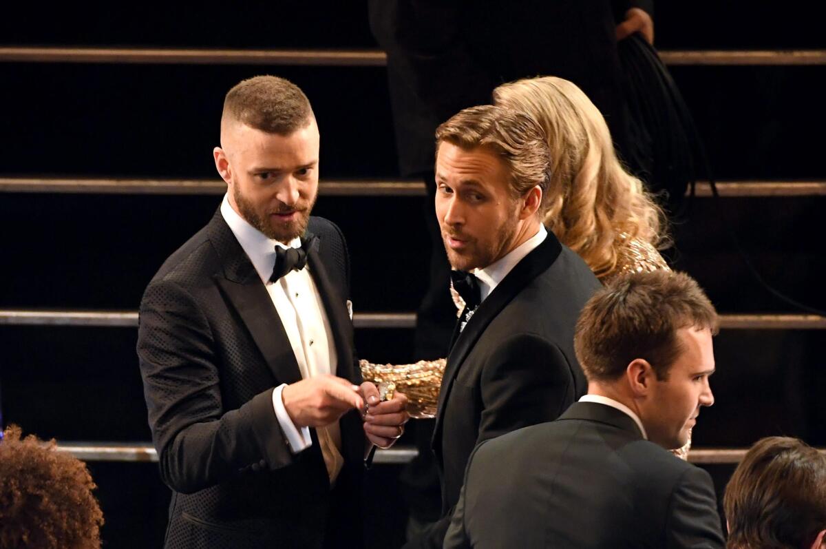 Justin Timberlake, left, and Ryan Gosling at the 89th Oscars.