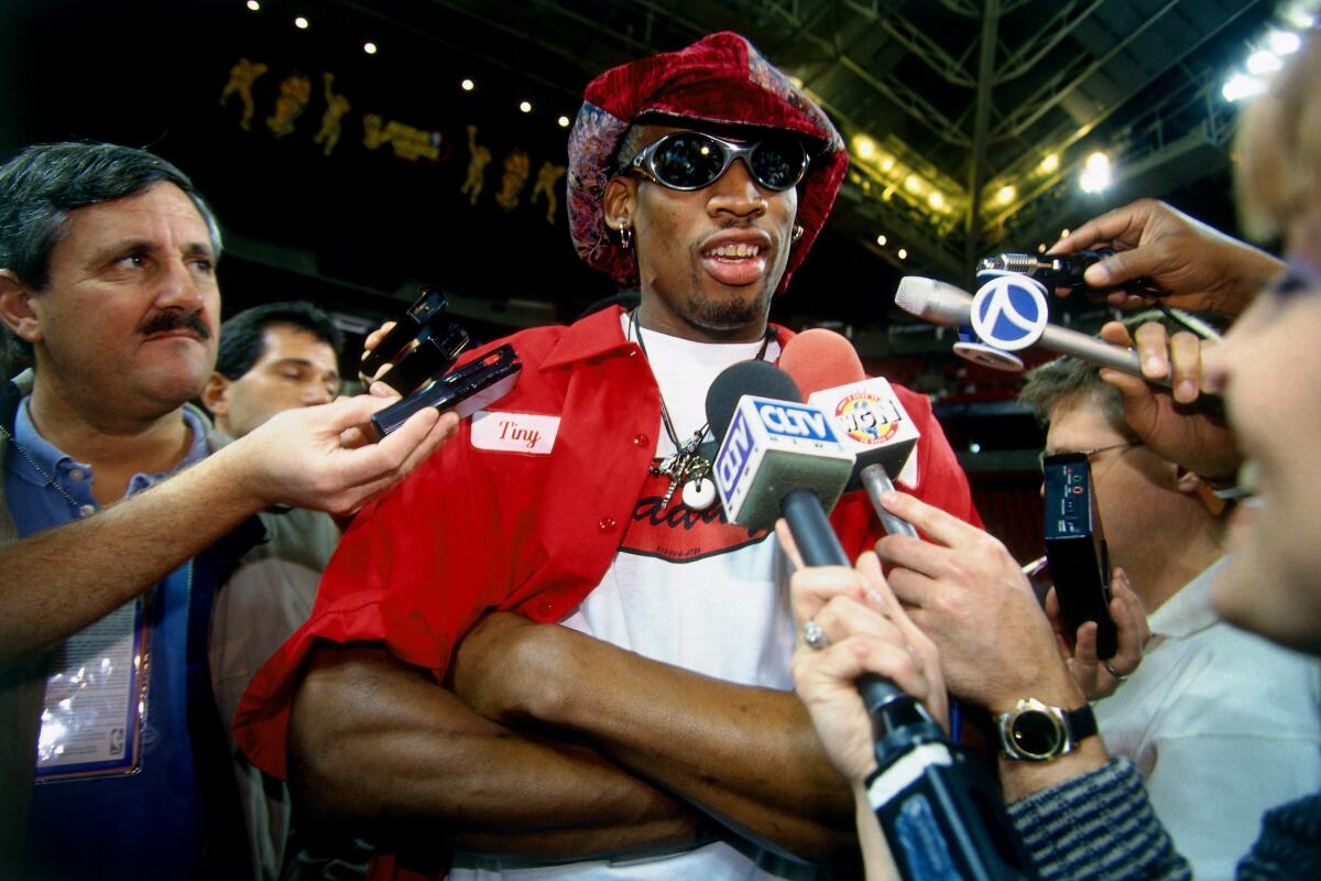 Bulls star Dennis Rodman in 1996. The eccentric power forward, whose off-court behavior drew tabloid attention at the time, is back in the spotlight thanks to ESPN's docuseries "The Last Dance."