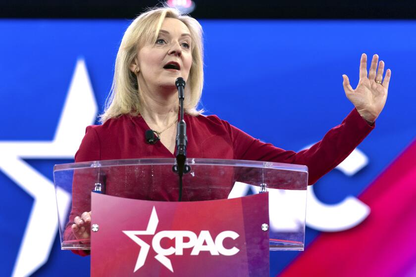 FILE - Former British Prime Minister Liz Truss speaks during the Conservative Political Action Conference, 2024 CPAC, at the National Harbor in Oxon Hill, Md. on Feb. 22, 2024. During her 49 days as Britain’s shortest-serving prime minister, Liz Truss sparked mayhem on the financial markets and turmoil within her Conservative Party. In interviews and a new book, Truss robustly defends her economic record, blaming the “deep state,” “technocrats,” “the establishment,” civil servants and the Bank of England for her downfall. (AP Photo/Jose Luis Magana, File)