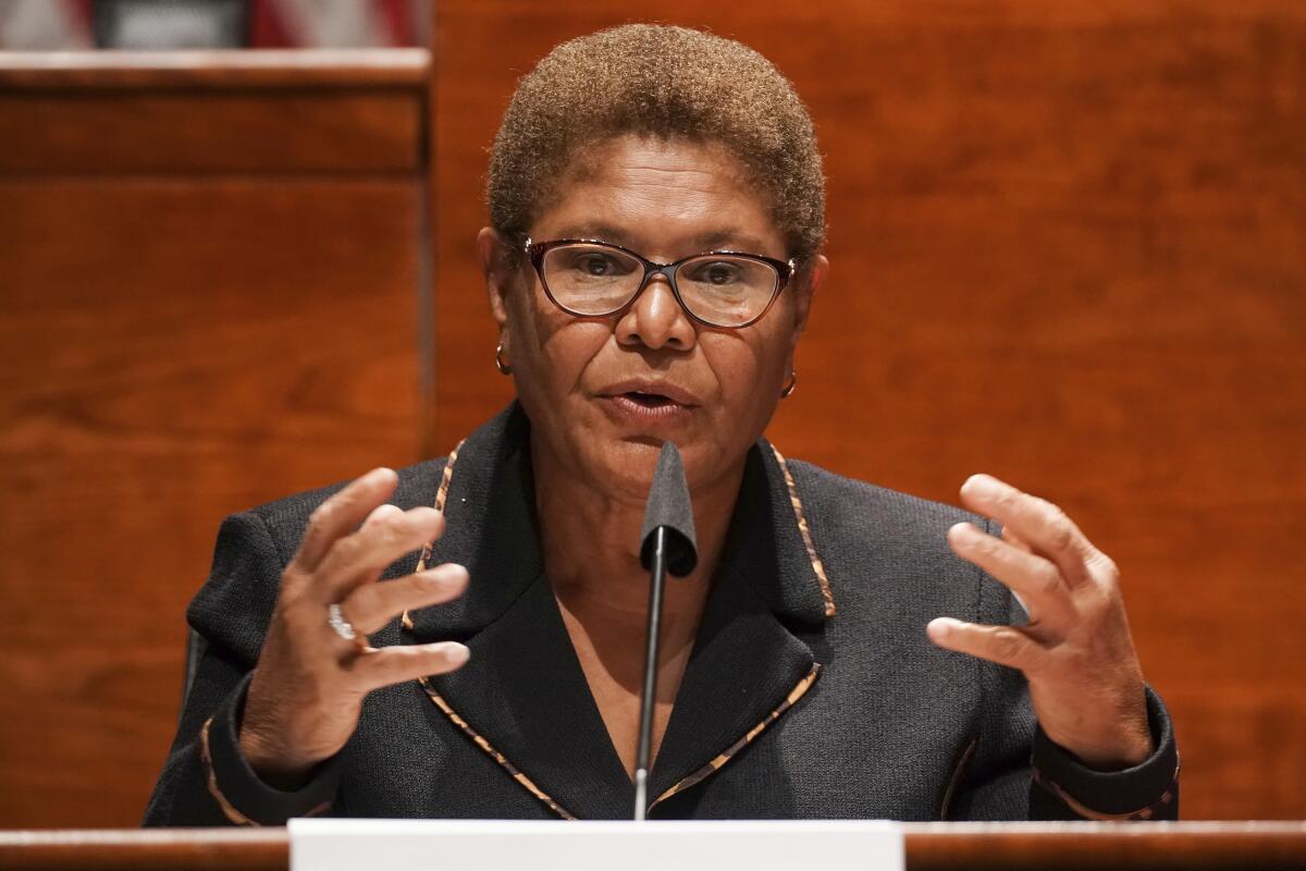 Rep. Karen Bass (D-Los Angeles) speaks on Capitol Hill in Washington in 2020.