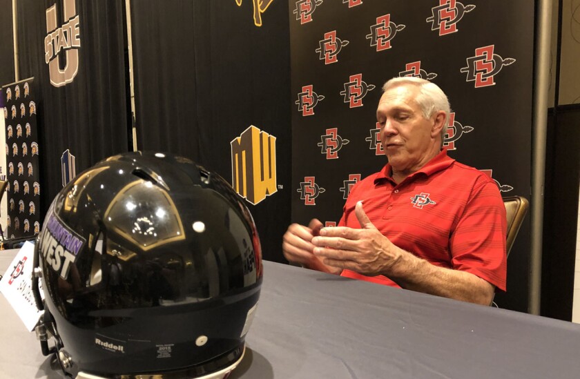 San Diego State head coach Rocky Long talks football with members of the Mountain West media during the conference's annual media days in Las Vegas.