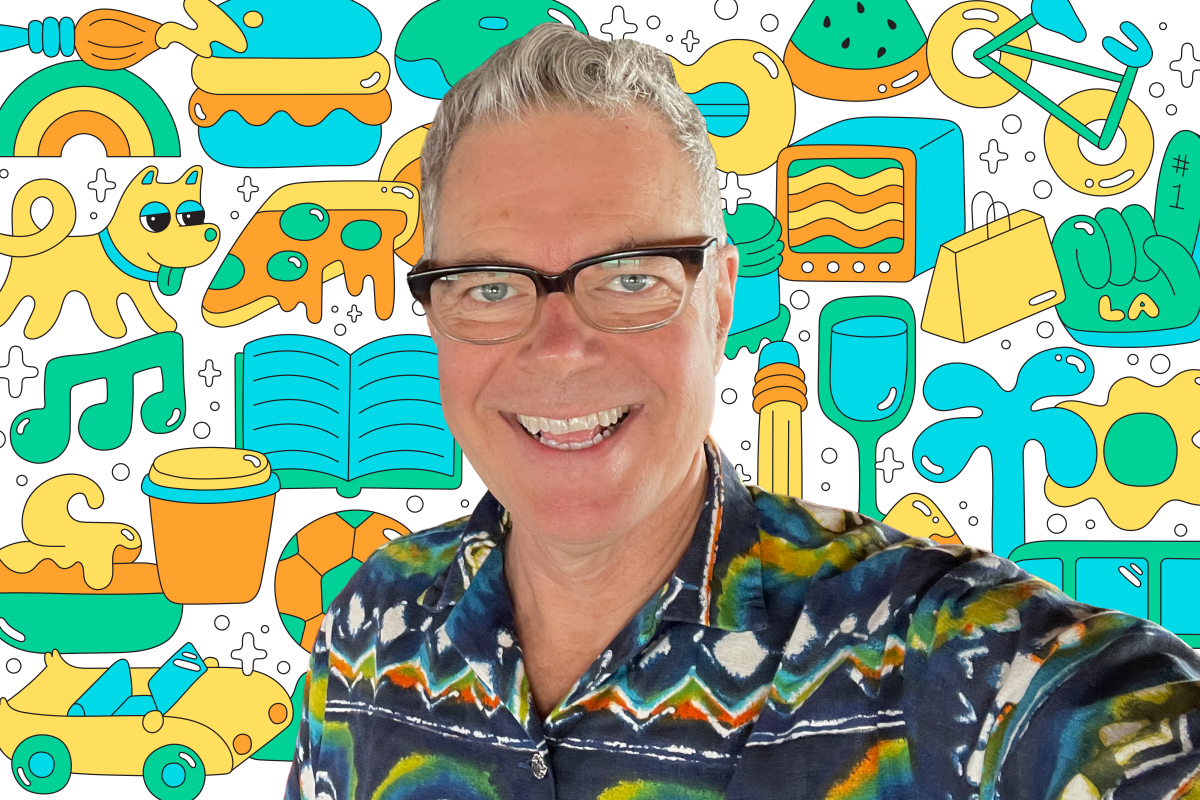 Photo of a personification connected a inheritance of colorful illustrations for illustration a book, dog, pizza, TV, shopping bag, and more