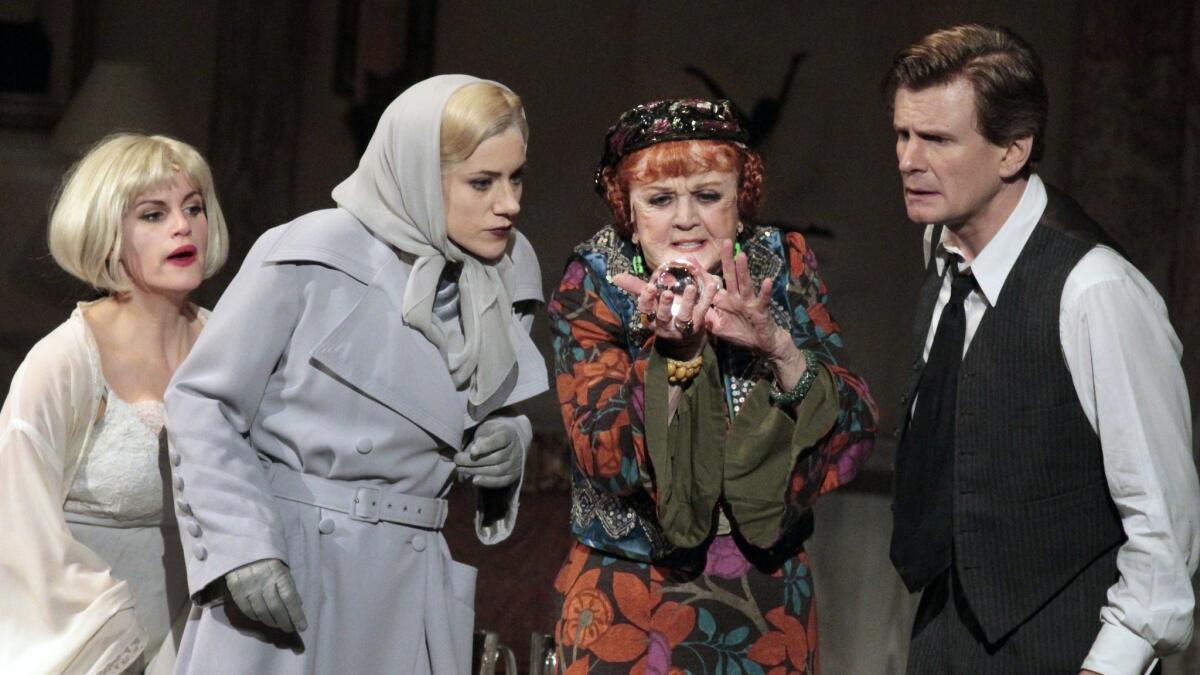 This medium business is tricky stuff in "Blithe Spirit" with, from left, Jemima Rooper, Charlotte Parry, Angela Lansbury and Charles Edwards.