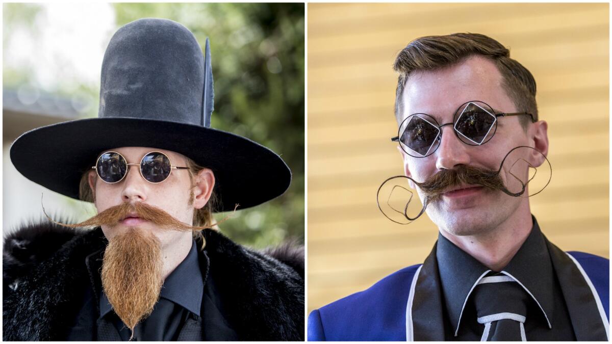 Angelenos Jeffrey Moustache, left, and Dan Lawlor took home gold medals for their fantastical facial hair at the 2015 World Beard and Moustache Championships this past weekend in Leogang, Austria.