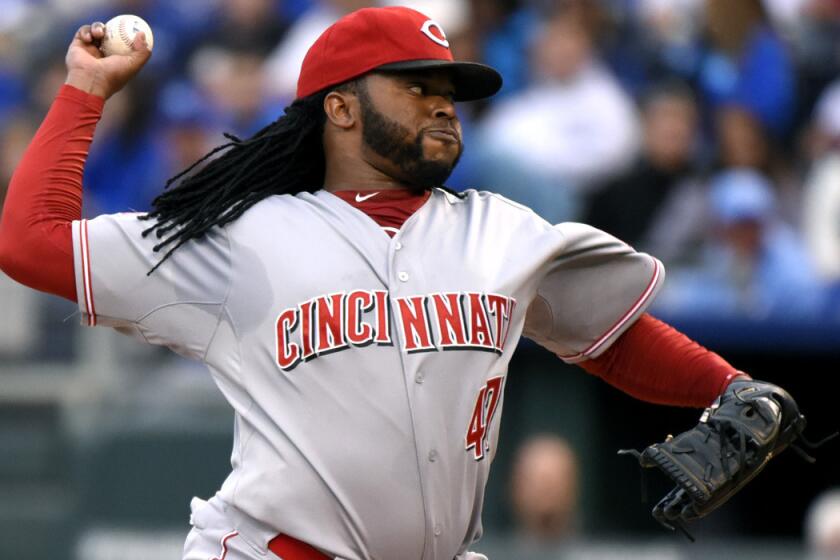 Cincinnati Reds starting pitcher Johnny Cueto throws during an interleague game against the Kansas City Royals on May 19.