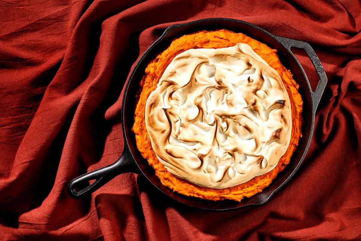 overhead shot of a pie in a cast iron 