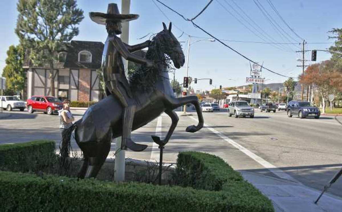 A cowboy statue at the intersection of Scott Road and San Fernando Boulevard. Burbank got a $900,000 grant to fund pedestrian/traffic improvements on the North San Fernando Boulevard corridor. The project is aimed at slowing down traffic to reduce car accidents -- there have been 89 accidents on the roughly half-mile stretch between 2006 and 2010. The City Council is expected to approve the grant in the next couple months.