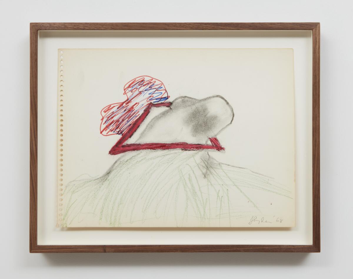 Joan Snyder, "Red Rectangle/Grabbing," 1968, charcoal, marker and crayon on paper, 11.5 inches by 14.5 inches. (Parrasch Heijnen Gallery)