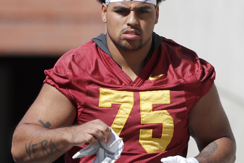 LOS ANGELES, CALIF. - AUG. 2, 2019. Offensive lineman Alijah Vera-Tucker reports to the opening of training camp at USC on Friday, Aug. 2, 2019. (Luis Sinco/Los Angeles Times)