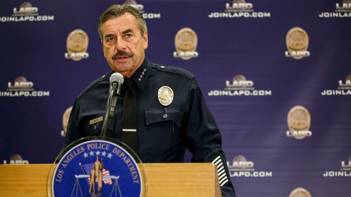 Los Angeles Police Chief Charlie Beck speaks to reporters during a news conference last fall.