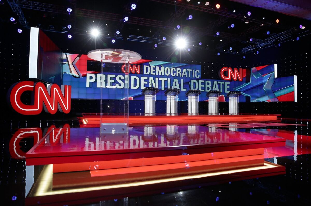 LAS VEGAS, NV - OCTOBER 13: A general view shows the stage during a walk-through before a Democratic presidential debate sponsored by CNN and Facebook at Wynn Las Vegas on October 13, 2015 in Las Vegas, Nevada. Five Democratic presidential candidates are scheduled to participate in the party's first presidential debate. (Photo by Alex Wong/Getty Images) ** OUTS - ELSENT, FPG, CM - OUTS * NM, PH, VA if sourced by CT, LA or MoD **