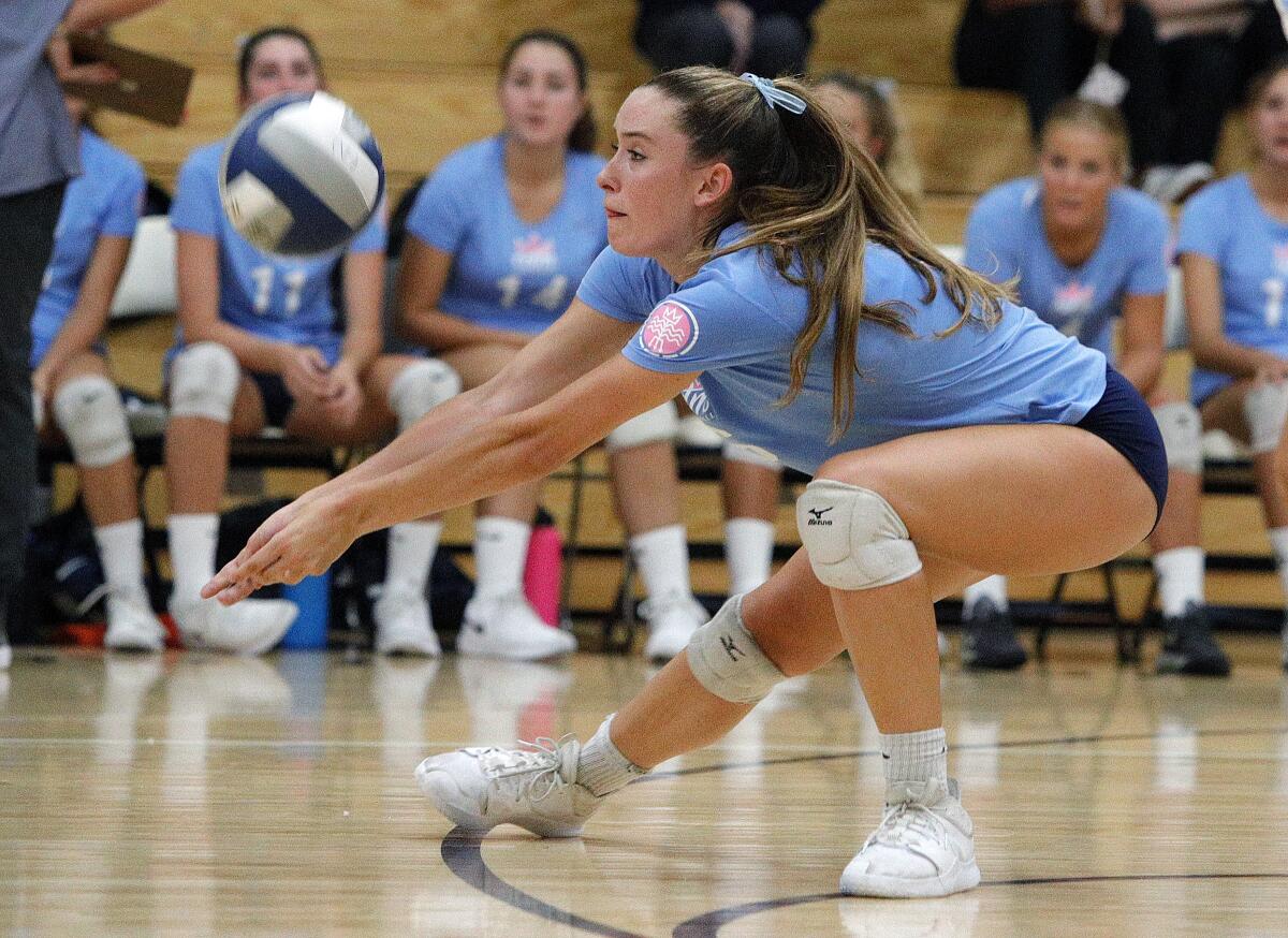 Corona del Mar's Molly Joyce, pictured digging a ball against Newport Harbor on Sept. 12, helped the Sea Kings sweep the Bishop’s of La Jolla in the first round of the CIF State Southern California Regional Division I playoffs on Tuesday.