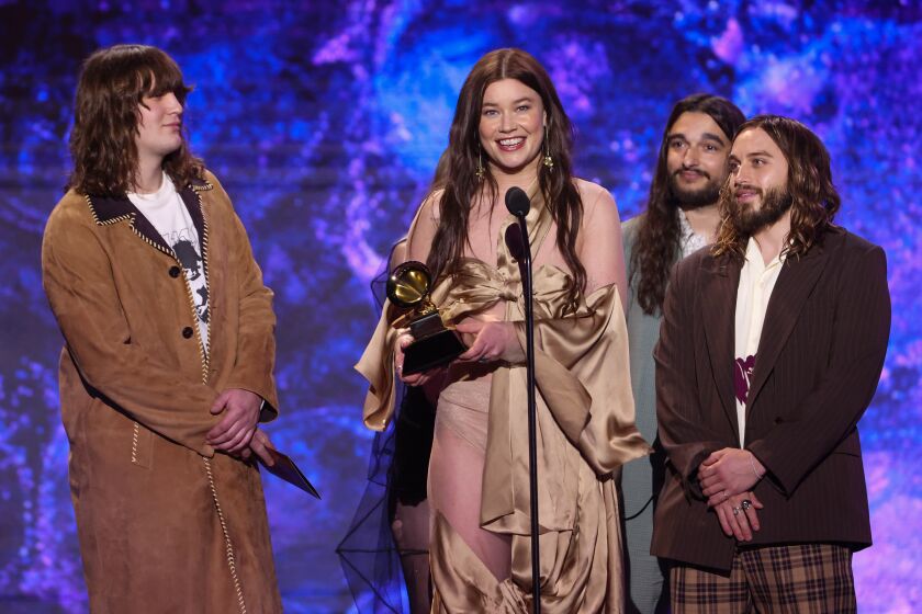 LOS ANGELES, CALIFORNIA - FEBRUARY 5: 65th GRAMMY AWARDS - Winners of alternative music performance Wet Leg on stage at the Grammy pre-telecast at the Microsoft Theather on February 5, 2023. -- (Photo by Robert Gauthier / Los Angeles Times)