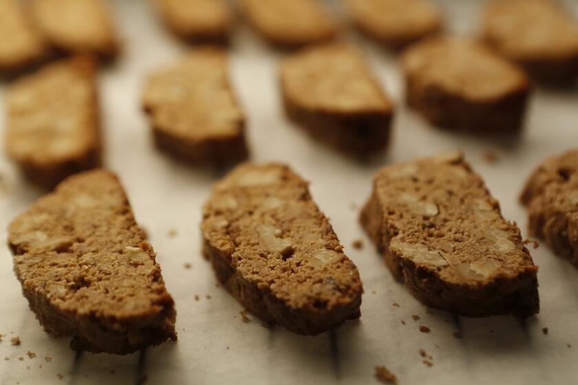 Walnut Spelt Biscotti with olive for food shoot in Los Angeles Times studio on July 15, 2015.