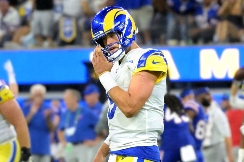 Inglewood, California September 8, 2022-Rams quarterback Matthew Stafford walks off the field.