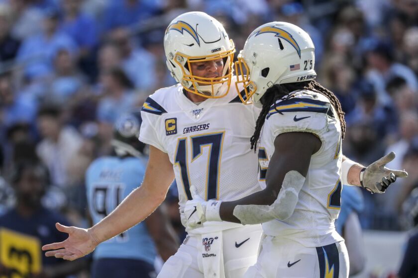 NASHVILLE, TN, SUNDAY, OCTOBER 20, 2019 - Chargers quarterback Philip Rivers has heated words with running back Melvin Gordon after they fail to connect on a pass near the goal line in the first half against the Titans at Nissan Stadium. (Robert Gauthier/Los Angeles Times)
