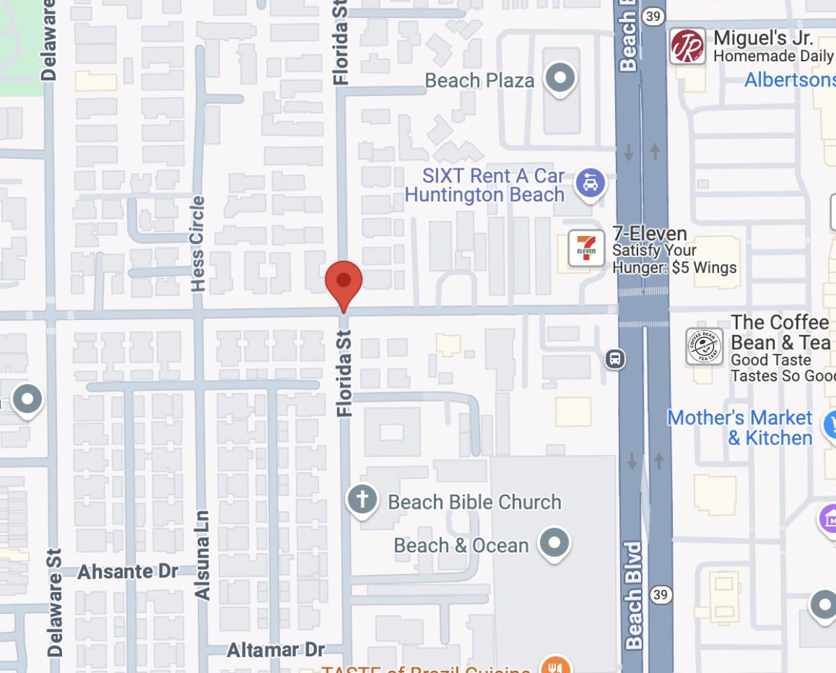A map shows the intersection of Florida Street and Utica Avenue in Huntington Beach.